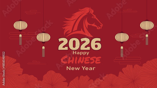 Red background for Chinese New Year 2026 with a horse and flowers. Design dedicated to the Lunar New Year 2026, the Year of the Horse. Celebrating the Year of the Horse. Vector illustration.