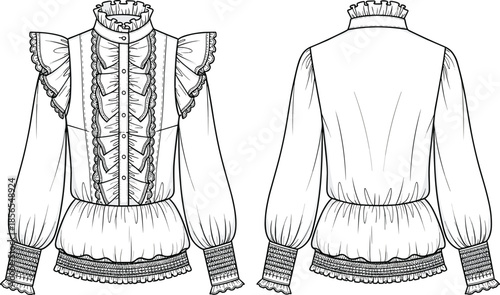 Vintage women ruffled blouse technical fashion sketch front back view long sleeve high neck lace trim apparel design vector illustration isolated white background pattern