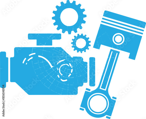 Blue mechanical engine parts with gears and pistons