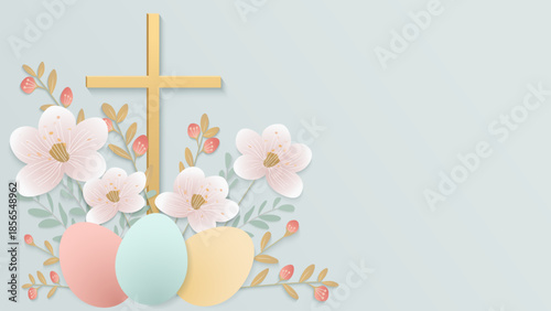 Easter background with a Christian cross, flowers, and eggs for a festive design. A religious symbol of faith. Card depicting Palm Sunday, Easter, and the Resurrection of Christ. Vector illustration.