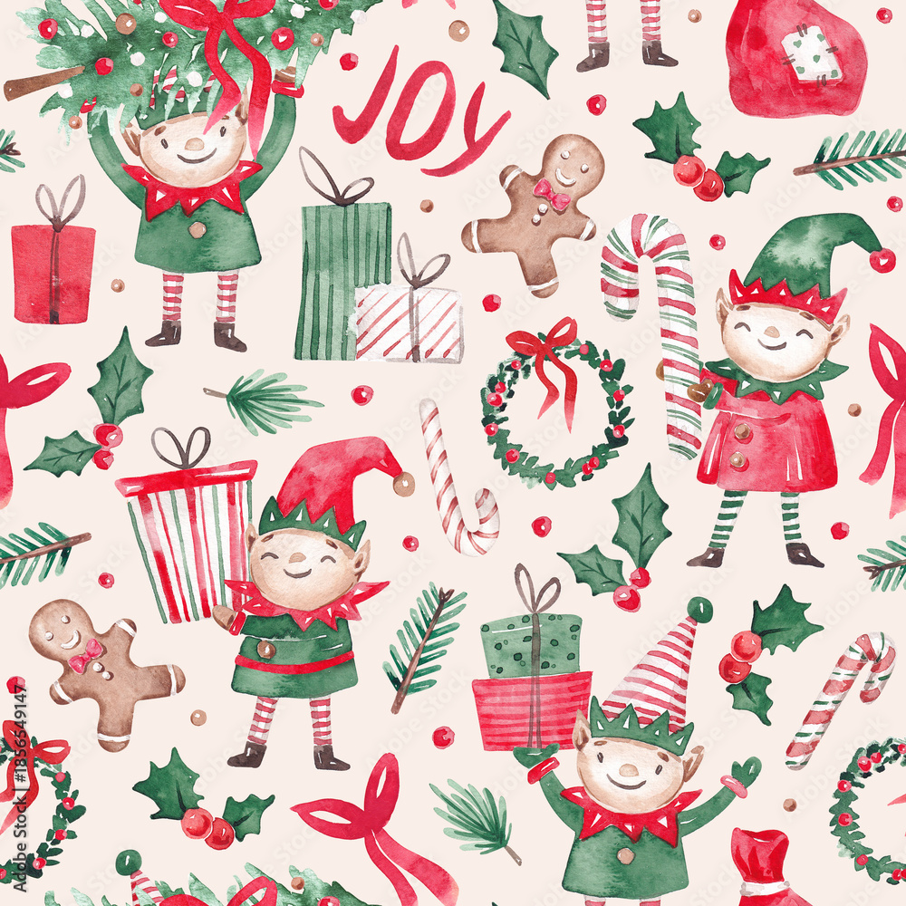 Naklejka premium Fun Christmas elves pattern. Hand drawn watercolor design with xmas elf and traditional decor. For textile, pattern, wrapping paper, packaging