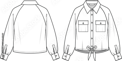 Women shirt technical fashion illustration, front and back view, long sleeve blouse, flat sketch, apparel design, vector line art, tailoring details, collar pockets, blueprint