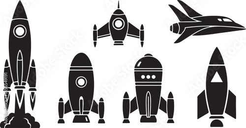Set of rocket vector icons. Launch spaceship or spacecraft. Rocket fast flying for space. New business start up.