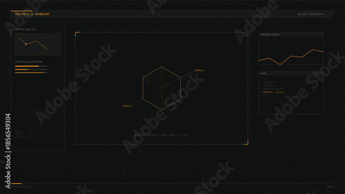 Digital Interface: Explore a sleek, modern digital interface, showcasing a geometric form surrounded by data visualizations and graphs, suggesting innovation and technological advancement.