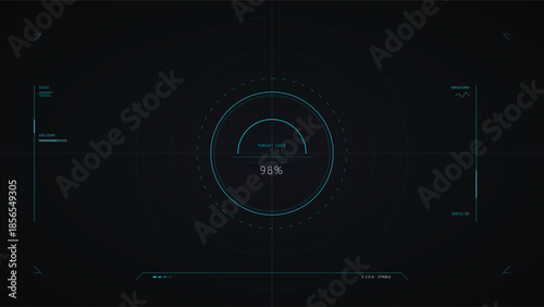 Cybernetic Targeting System: A futuristic, neon-illuminated cybernetic interface displaying data, progress and aiming parameters with precision, set against a dark background.