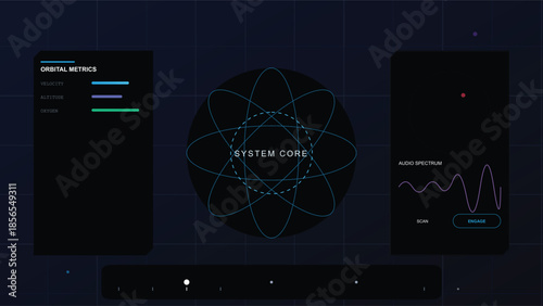 System Core: An abstract representation of a system core interface, featuring interconnected elements, data visualization, and a digital interface.