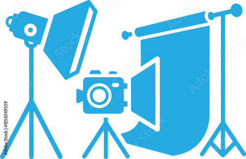 Blue of studio setup with camera and lights tripod