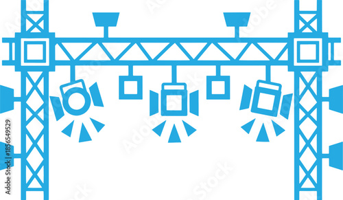 Blue Stage Lighting Rig with Spotlights and Trusses