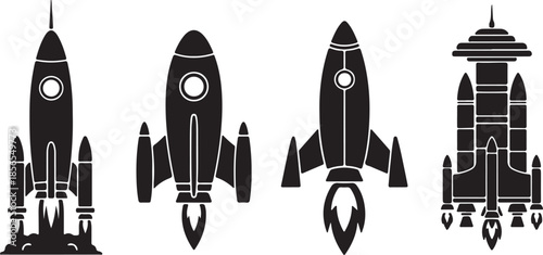 Collection of four distinct rocket ship icons in a clean black silhouette style