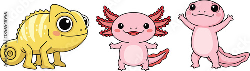 Cute cartoon character set featuring a yellow chameleon and pink axolotls with friendly smiles isolated on white background.