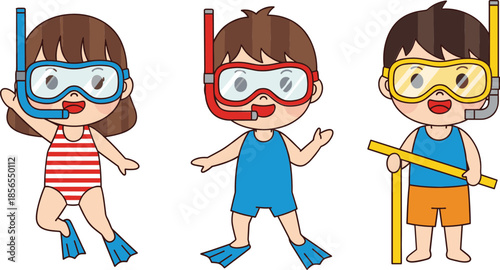 Cute cartoon kids wearing snorkeling gear summer swimming characters playful children water activity illustration set