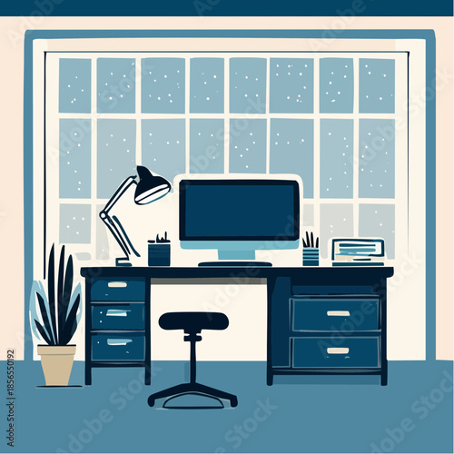 Modern home office with computer and large window