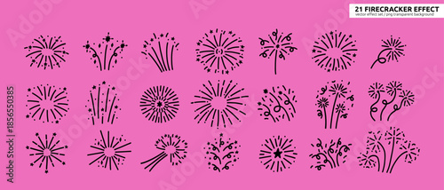 Doodle Сonfetti Firecracker Element Kit. Hand Drawn Celebrate Firework Icon Bundle in Pink Background. Black Line Vector Illustration Set