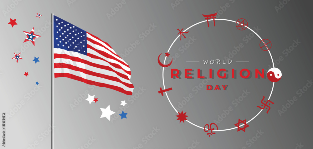 Obraz premium World Religion Day Celebration With American Flag And Interfaith Symbols