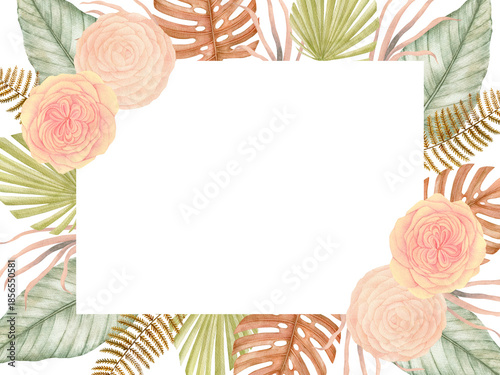 Watercolor Bohemian frame with botanical, tropical flowers, dried palm leaves and Peonies camellia blossom illustration, Arrangement