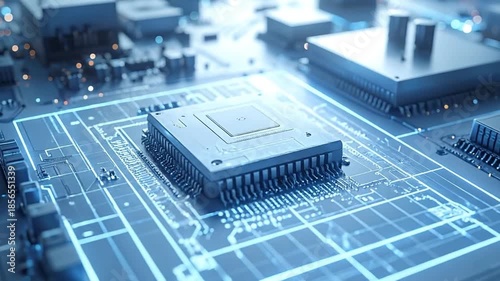 Futuristic Computer Chip with Glowing Circuitry Animation