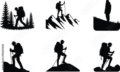 Hiker silhouette set, backpacking adventurers trekking mountains, outdoor exploration scenes, hiking climbers icons, black vector illustration collection for creative design