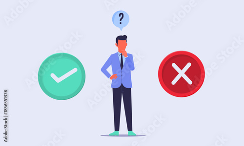 Decision-Making Process with Yes or No Business Choice confusion in a businessman, vector model design