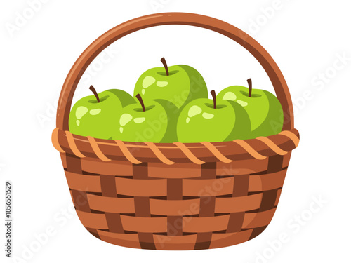 Vector illustration of a wicker basket filled with green apples, viewed from a straightforward perspective
