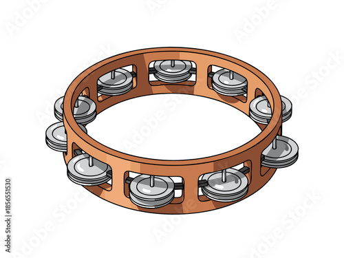 A vector illustration of a tambourine with metal jingles attached to a wooden ring, viewed from above