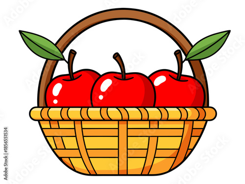 Vector illustration of a wicker basket filled with red apples and green leaves
