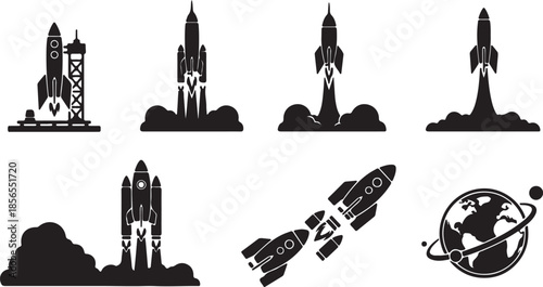 rocket launch icon set vector silhouettes illustration