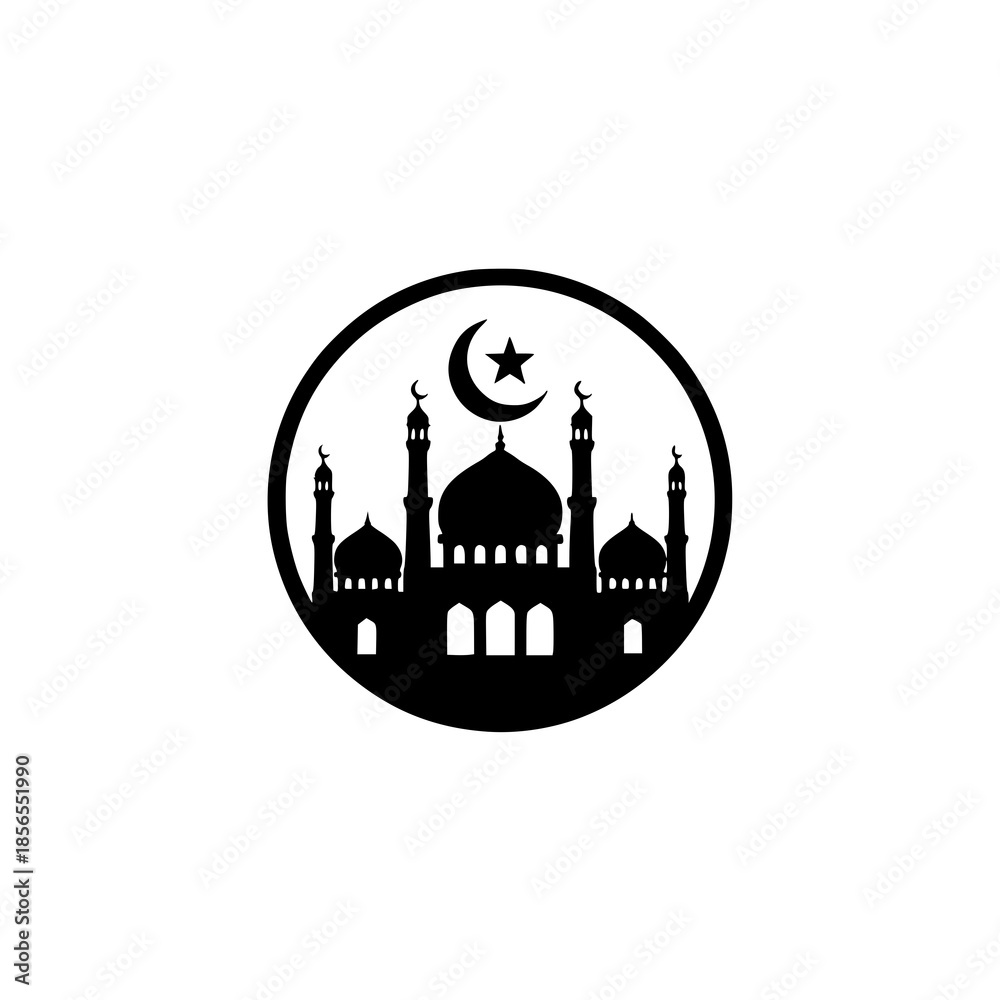 Fototapeta premium Circular Mosque and Moon Logo Vector Emblem on White Background