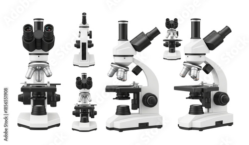 Realistic microscope vector illustration set with side and front views isolated on white background