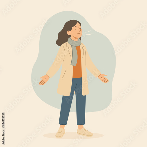 Flat illustration of a woman standing calmly with open arms and breathing fresh morning air. Peaceful moment, light wind, relaxed mood, simple lifestyle and mindful start of the day.