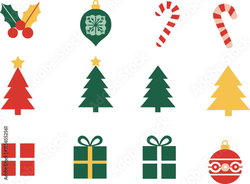 A selection of simple Christmas-themed clip art features trees, ornaments, gifts, candy canes, and holly