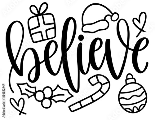 Believe Christmas Script with Gift Box, Candy Cane, Ornament and Santa Hat