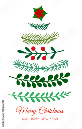 Christmas Tree Made of Fir Branches and Leaves with Red Berries, Evergreen Tree