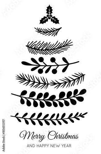 Christmas Tree Made of Fir Branches and Leaves with Star Topper and Merry Christmas Greeting