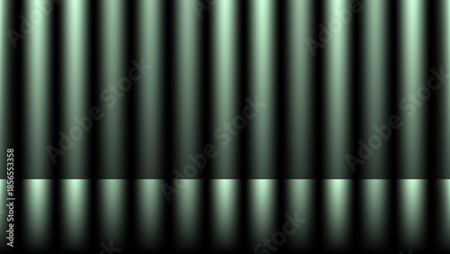 An abstract black and white background features a textured striped pattern of light lines and dark fabric folds to create a stylish vector illustration backdrop for a theater stage