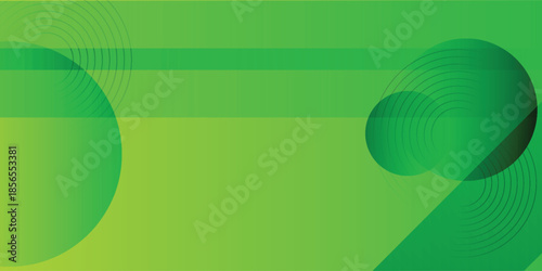 Vibrant green gradient background with abstract translucent circular and linear elements creating a modern geometric design.