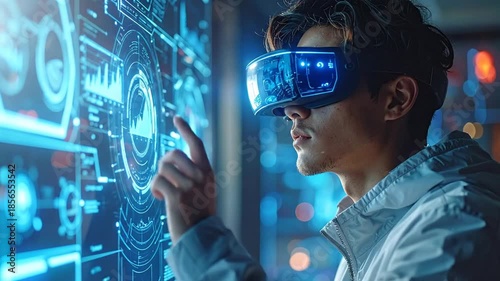 Man Interacting with Futuristic VR Interface in Digital World