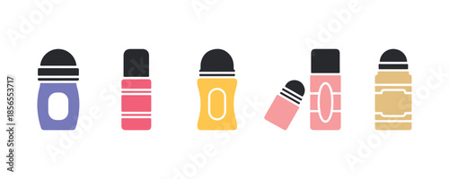 A vibrant collection of roll-on deodorant icons outlined and set against a white background.
