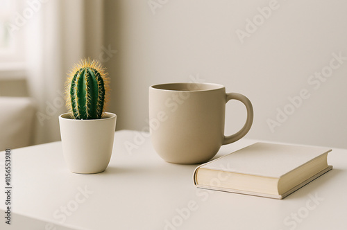 Minimalist desk setup with cactus, mug, and book, modern home lifestyle, bright workspace scene, cozy interior composition, elegant product photography