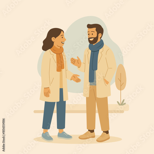 Flat illustration of two people having a friendly conversation outdoors. Calm atmosphere, fresh air, relaxed body language, simple everyday interaction and peaceful lifestyle moment.