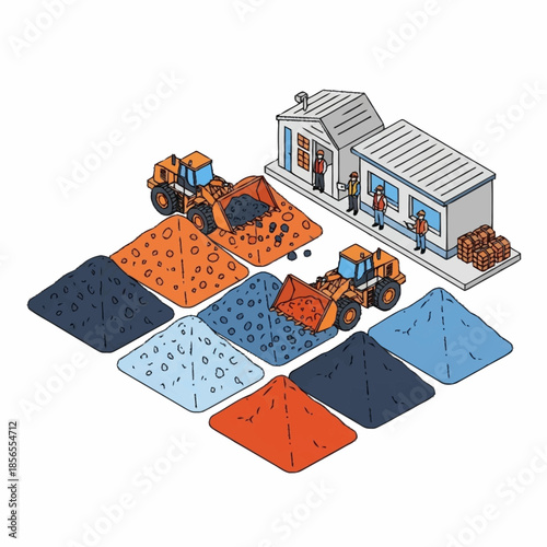 Industrial site with excavators, workers, and piles of raw materials.