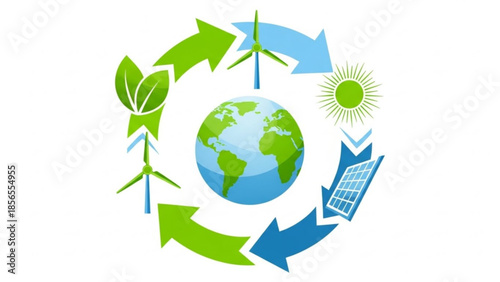 Eco friendly renewable energy sources around the earth, solar panel, wind turbines, and green leaves, promoting sustainable living and reducing