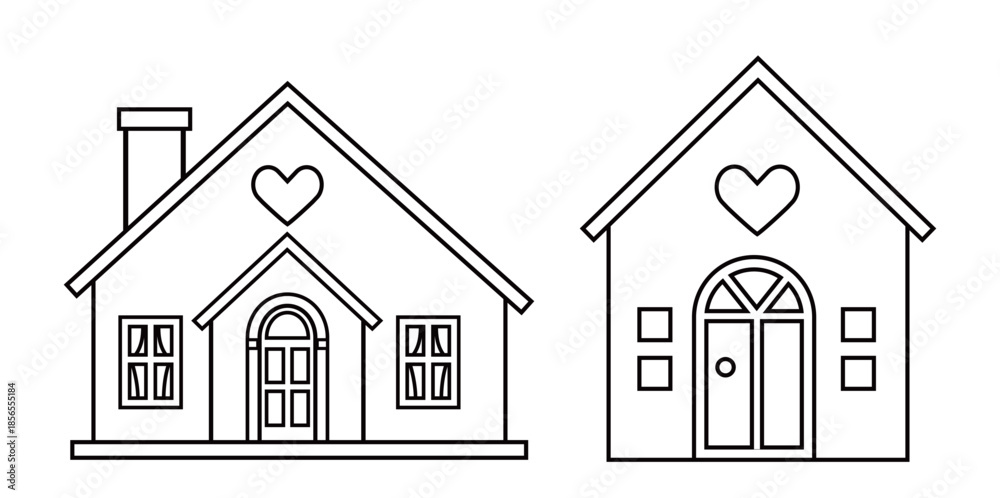 Fototapeta premium Valentine Love Shack House outline set. sweet home coloring drawing with template.