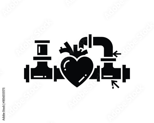 Black heart valve medical symbol with industrial elements