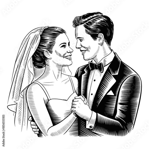 Newlywed couple holding hands woodcut drawing