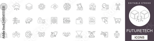  Future technology line icon set featuring AI, quantum computing, and innovation symbols. Perfect for next-gen UI design, science projects, and digital tech branding