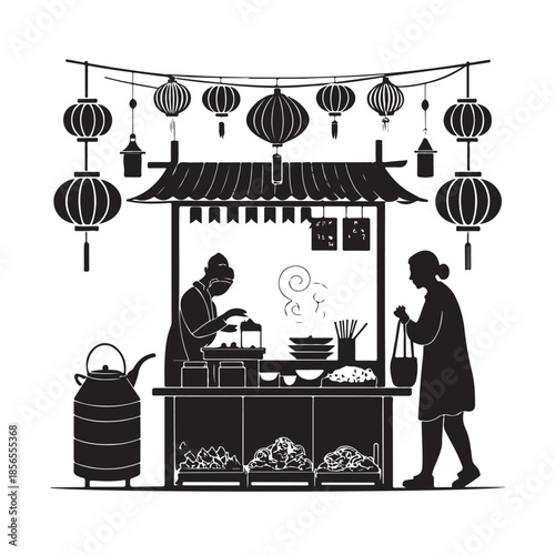 Street food vendor serving customer at traditional Asian market stall