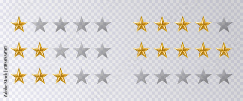 Golden five star rating icon collection isolated on transparent background. Shiny golden yellow and transparent grey stars. Stars for  feedbacks, reviews,services and products. Vector illustration. 