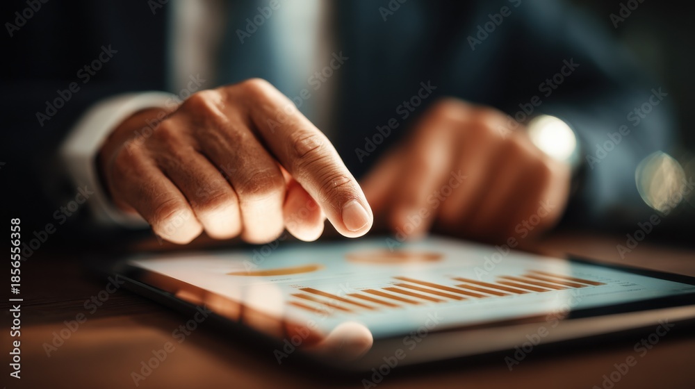 Fototapeta premium Accountant using scenario planning techniques on a digital tablet to explore various financial possibilities and guide client strategies.
