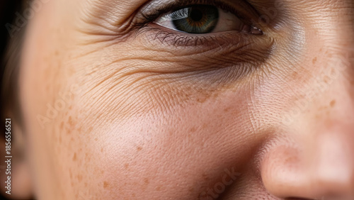 Authentic Human Skin Texture Close-up, Real Face with Freckles and Natural Imperfections, Body Positivity and Skincare Advertising Stock Photo