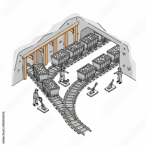 Isometric illustration of a mining operation with workers and ore carts.